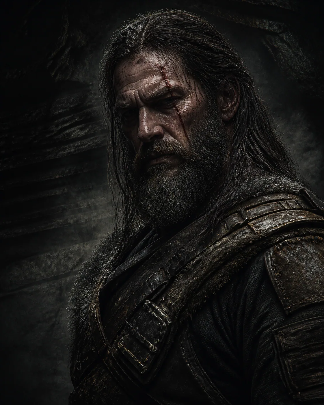 Original cinematic rendering of the scarred immortal warrior B in worn dark armor