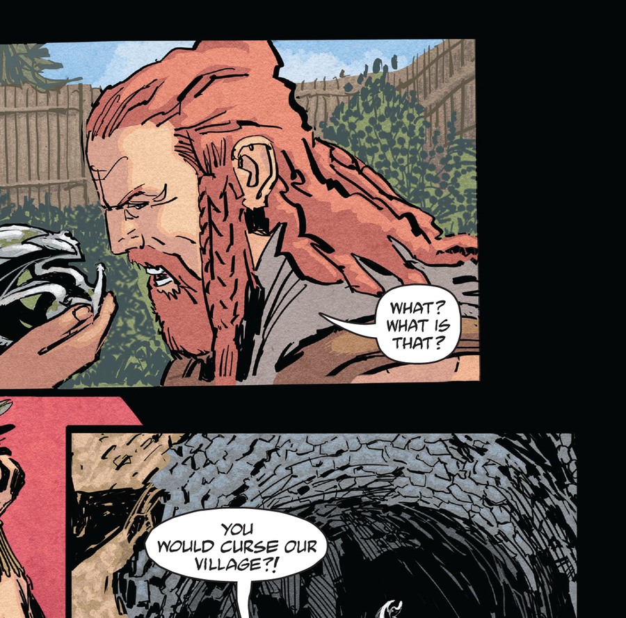 B's human father confronting the bird-shaped relic