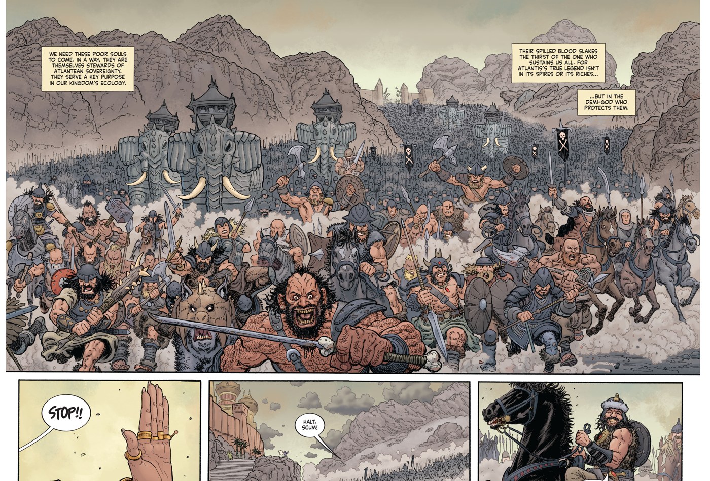 Invading warriors at Atlantis in BRZRKR: Poetry of Madness